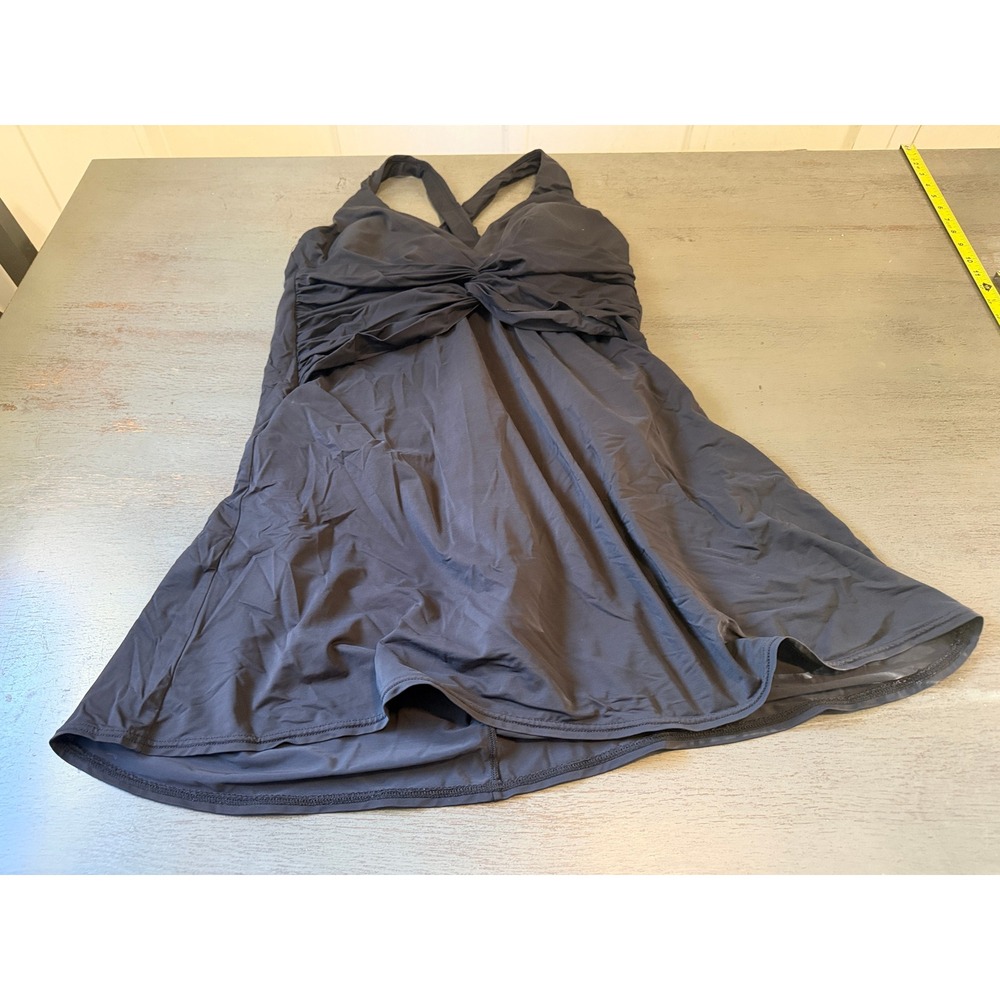 Lands End Black Swim Dress One Piece Swimsuit Size 16 Twisted Knot Cross Back